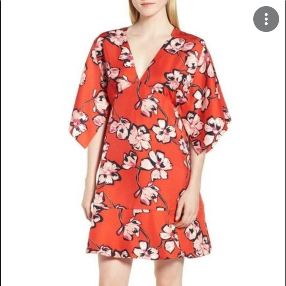 LEWIT Kimono Mini Dress Floral Print Red 100% Silk Size 6